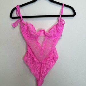 Hot pink victorias pink lace body suit with unlined cups